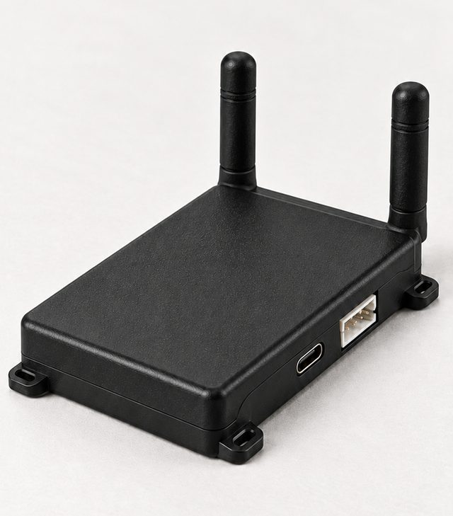Drone-mounted RF sensor, a slim black module with two antennas
