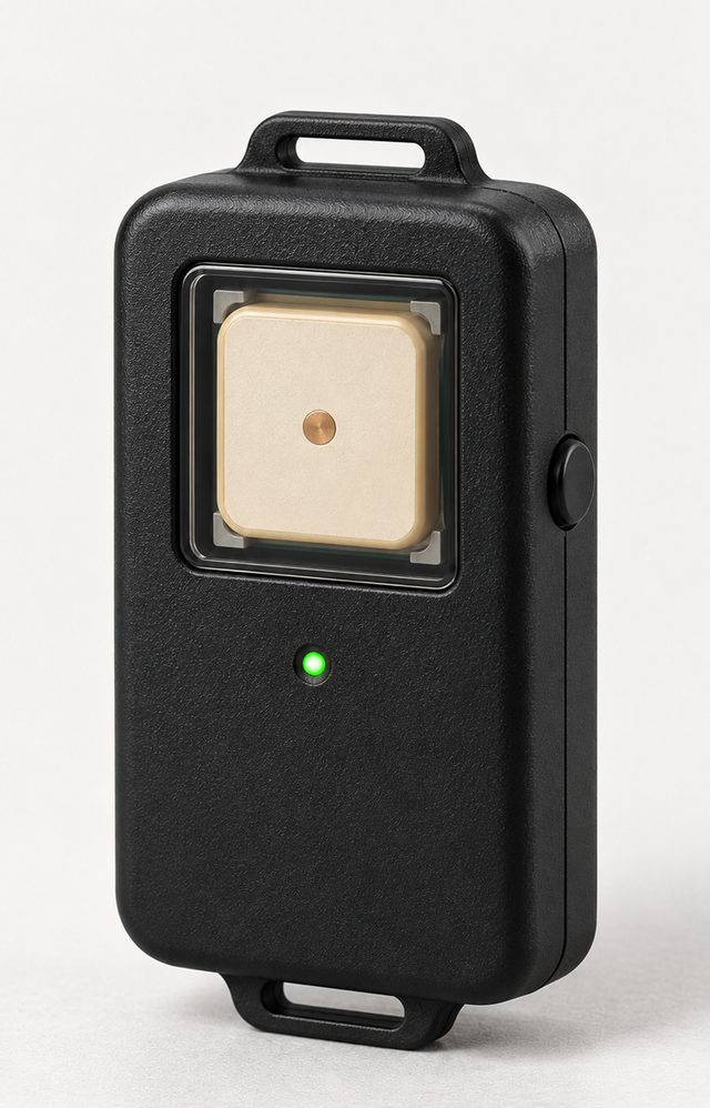 Small black GPS rescue beacon with mounting tabs