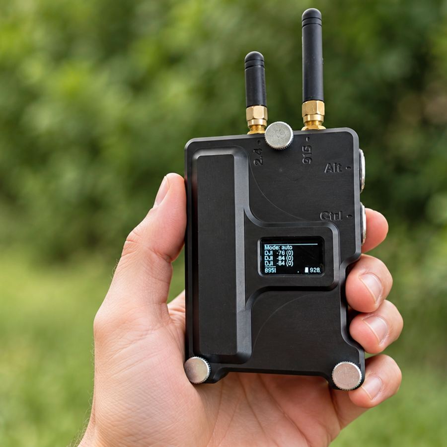 Tsukorok drone detector held in one hand, outdoors